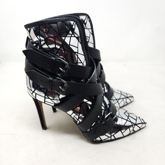 Balmain Paris Womens Boots Jackie Mosaic Silver Metallic Strappy Ankle Heel 37 7 - Picture 3 of 11